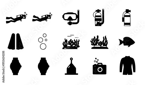 Scuba diving icon set with diver mask flippers oxygen tank and underwater equipment flat vector collection