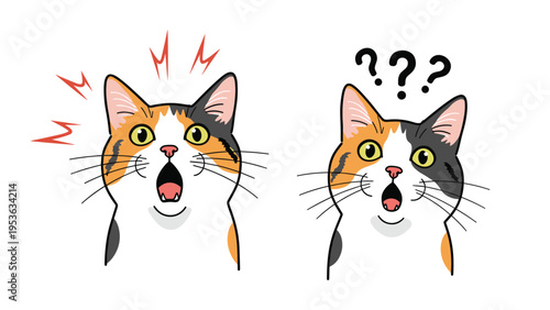 Two close-up views of a surprised calico cat with its mouth open and wide eyes expressing shock or curiosity, vector art illustration.