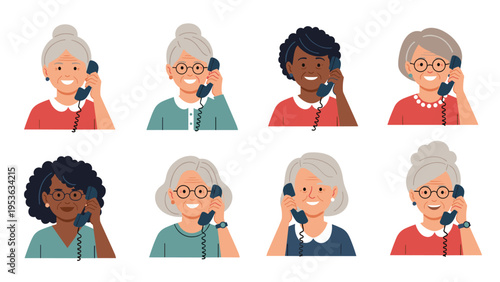 Collection of eight portraits featuring diverse elderly women smiling while talking on vintage corded telephones, vector art illustration.