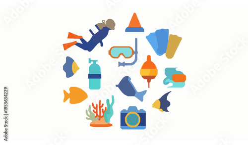Colorful scuba diving icons with diver equipment coral reef fish and underwater elements flat vector set