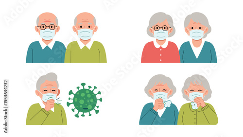 Set of elderly men and women wearing protective face masks with some shown coughing or near a green virus symbol, vector art illustration.