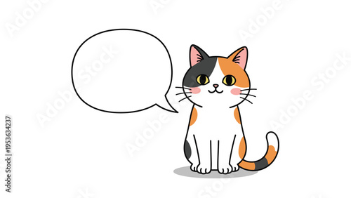 Adorable calico cat sits patiently and looks forward next to a large blank circular speech bubble on a white background, vector art.