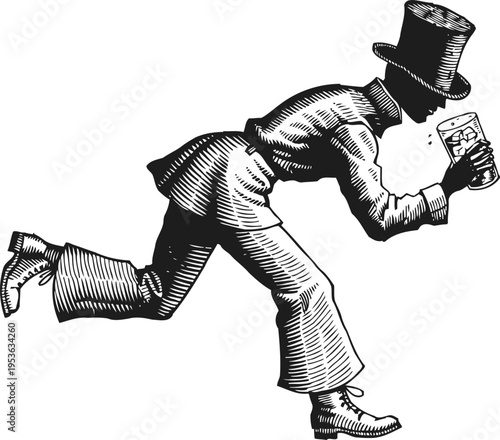 Vintage illustration of a man in top hat running while holding a glass with ice cubes