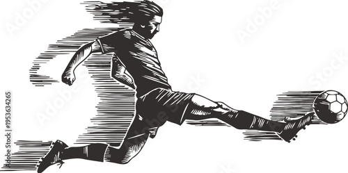 Dynamic soccer player kicking ball with motion lines, black and white sports illustration