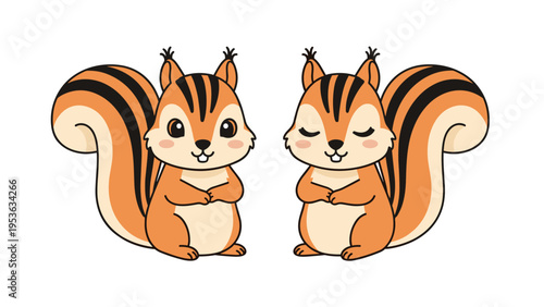 Two adorable squirrels with large bushy tails sit together where one has open eyes and the other has eyes closed, vector illustration.