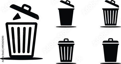 Set of black trash can icons with lid open and closed and various garbage disposal states