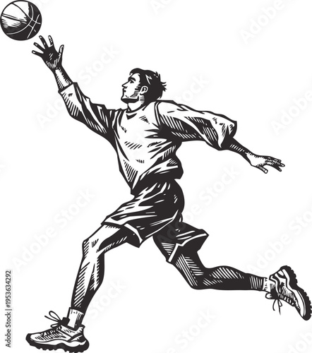 Male basketball player jumping for a layup shot in dynamic action pose illustration