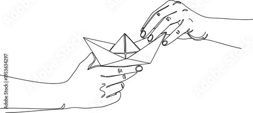 Minimalist continuous line drawing of hands holding paper boat, hope and journey concept, childhood memory symbol, creativity and imagination, modern vector outline illustration