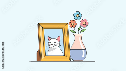 Peaceful white cat sleeping in a framed photograph placed on a shelf next to a decorative vase filled with colorful blooming flowers.