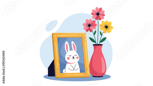 Memorial altar featuring a framed photo of a white rabbit placed beside a vase of colorful pink and yellow flowers in a vase.