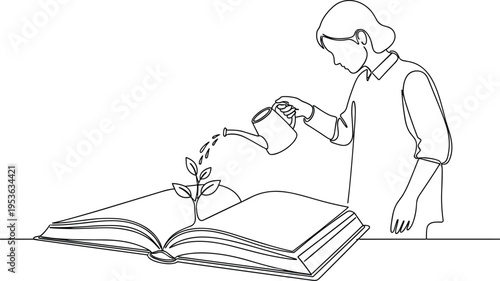 Minimalist continuous line drawing of woman watering plant growing from open book, education growth concept, knowledge nurturing symbol, learning development, modern vector outline illustration