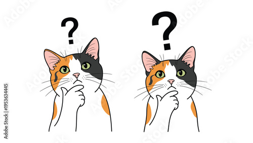 Two curious calico cats looking up with confusion while large black question mark symbols float above their heads against white background.
