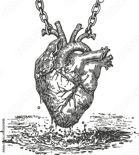 Detailed anatomical heart suspended by chains splashing into water illustration