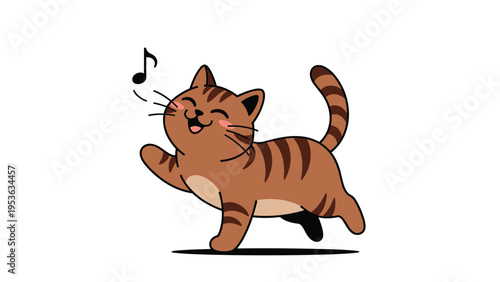 Happy brown tabby cat walking cheerfully and singing a musical note with a smile and paws moving in a rhythmic dance-like motion.