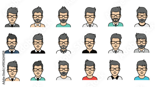 Large set of diverse male avatars with grey hair, glasses, and different styles of beards and mustaches in a uniform square grid layout.