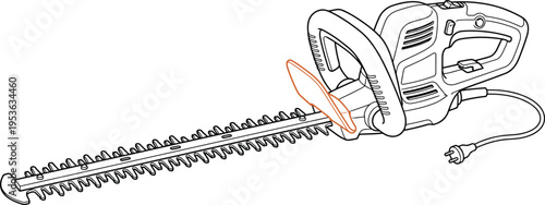 Line art illustration of two electric hedge trimmers side and top views
