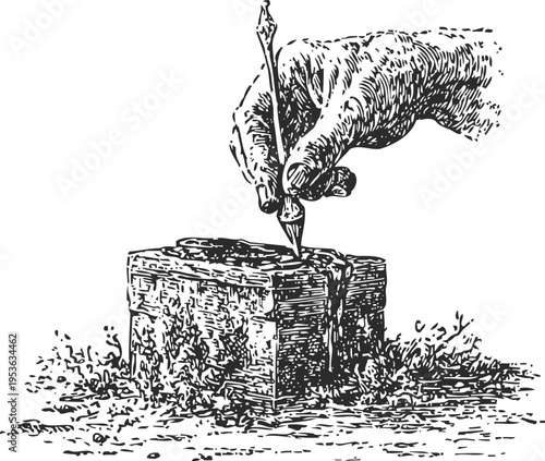 Hand carving and drawing with a chisel on a wooden block, vintage engraving illustration