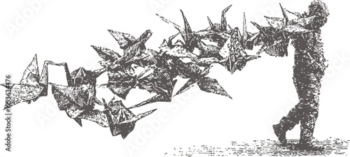 Boy releasing paper birds into the air, flying origami flock, creative imaginative childhood concept