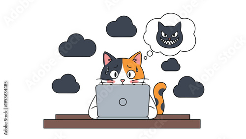 Nervous calico cat using a laptop with dark clouds around and a mean cat thought bubble representing cyberbullying or online anxiety.