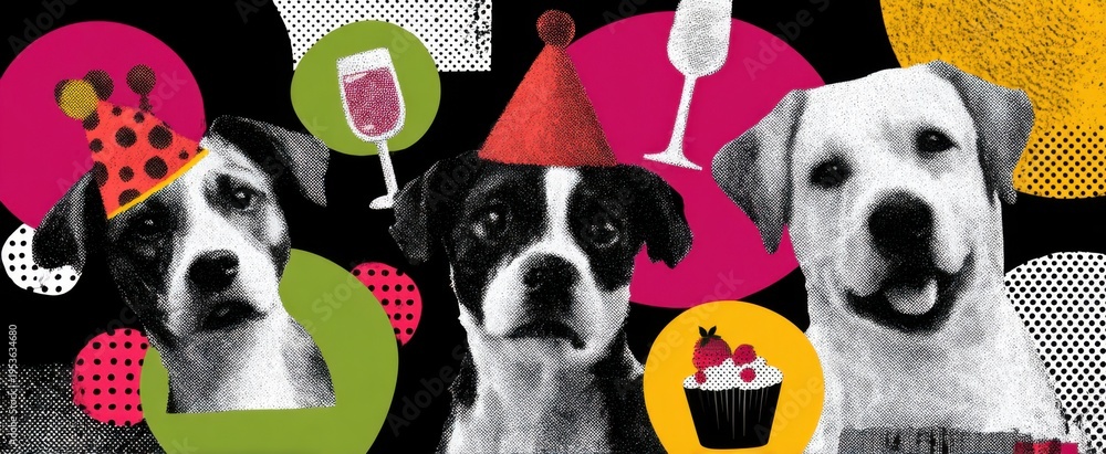 Obraz premium Celebrate joy with joyful anniversary halftone art featuring playful dogs and festive vibes.