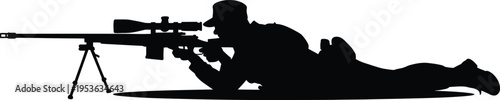 Black silhouette of sniper aiming long-range rifle with scope and bipod in a prone position