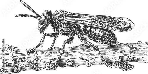 Detailed black and white illustration of a wasp resting on a textured tree branch, insect anatomy close up