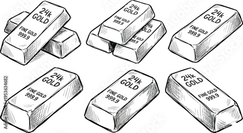 Gold Bars Icon Set for Finance, investment and Wealth business concept. Shining gold bar in outline and flat symbol. use for website design, logo, app, template, and ui. 
