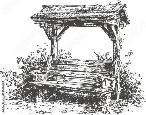 Wooden garden bench with roof vintage illustration, outdoor furniture with natural background