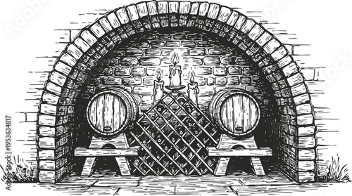 Vintage wine cellar interior with wooden barrels, candlelight, and brick archway design