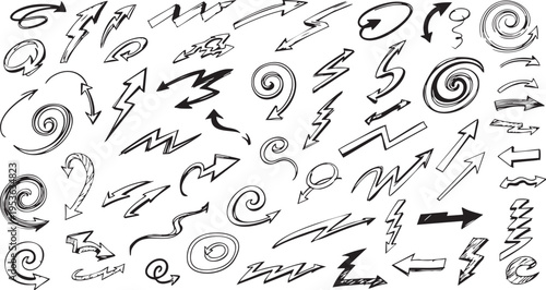 Hand-Drawn Spiral and Lightning Arrow Set: Sketchy Doodle Vector Collection