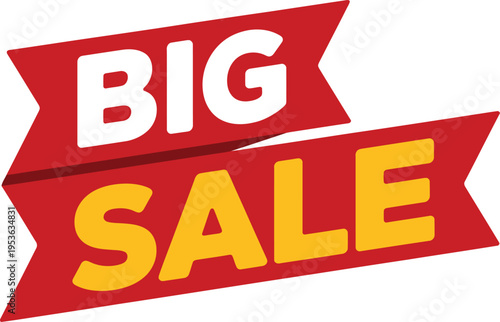 Big sale banner with red ribbon and yellow text for retail promotions and marketing campaigns