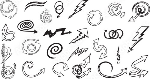 Hand-Drawn Spiral and Lightning Arrow Set: Sketchy Doodle Vector Collection