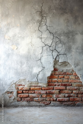 Old Plaster Wall With Cracks and Exposed Brick in an Abandoned Building at a Forgotten Site During Daylight Hours