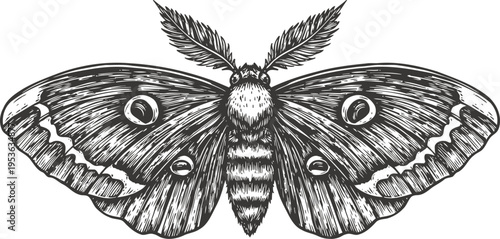 Monochrome detailed moth illustration with spread wings, nature insect drawing, entomology sketch