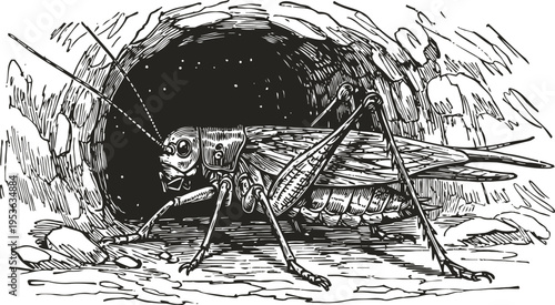 Detailed vintage illustration of a cricket insect inside a stone tunnel or burrow