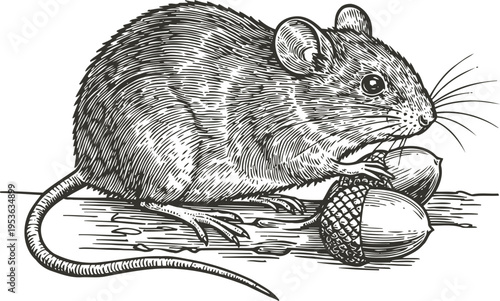 Detailed vintage engraving of a mouse holding acorns on a wooden surface, wildlife nature sketch
