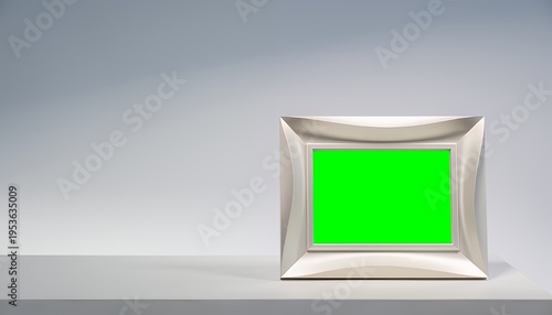 Modern 3D Metallic Silver Picture Frame With Green Screen Mockup on White Surface Against Light Gray Gradient Background