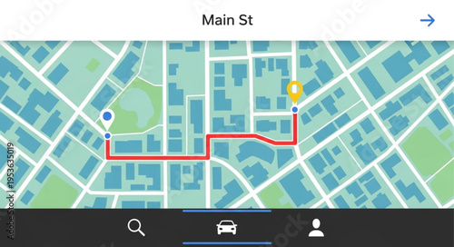 Navigation App Displaying Route on Main Street with Destination Marker.