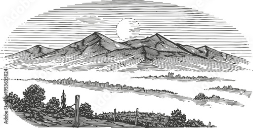 mountain landscape with rising sun, distant hills and trees in countryside rural scenery