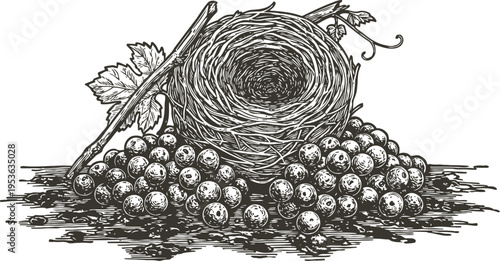 Grape bunches with vine leaves and a bird's nest on wooden surface vintage engraving illustration