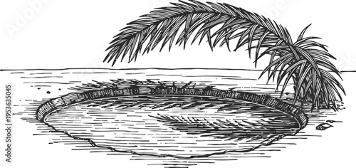 Natural oasis pond with palm tree and rippling water, tropical landscape tranquil scene, black and white sketch