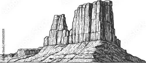 detailed hand drawn sketch of a desert rock formation with layered cliffs and rugged terrain