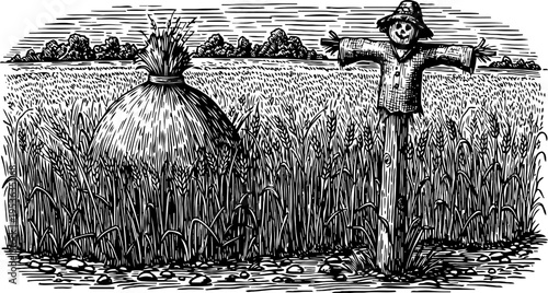 Scarecrow standing in a wheat field near a haystack under a cloudy sky vintage engraving drawing