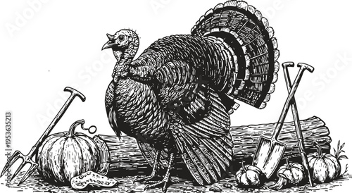 Turkey with pumpkin, gardening tools, garlic bulbs, and log wood in rustic farm autumn illustration