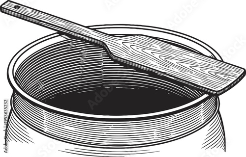 Vintage wooden paddle resting on the rim of a large round barrel or tub traditional kitchen or brewing tool illustration