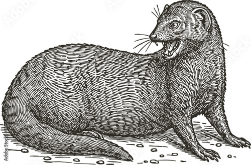 Detailed black and white engraving of an angry wild mink standing on ground with sharp teeth and alert eyes