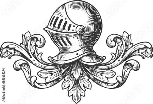Medieval knight helmet with decorative floral ornament vintage engraving armor design and classic heraldic emblem