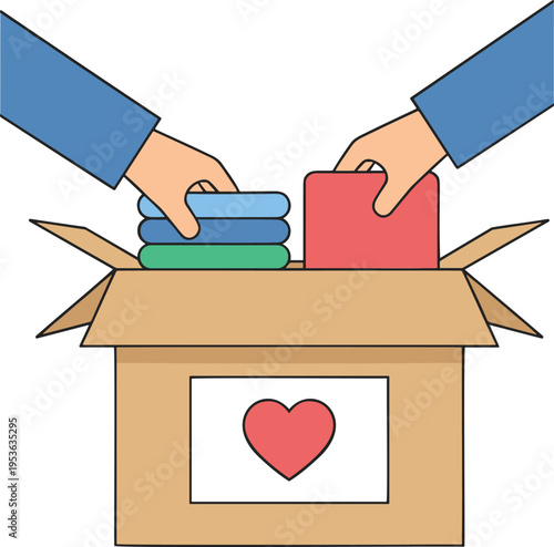 Flat vector illustration of hands placing clothing into a cardboard donation box with a heart symbol for charity.