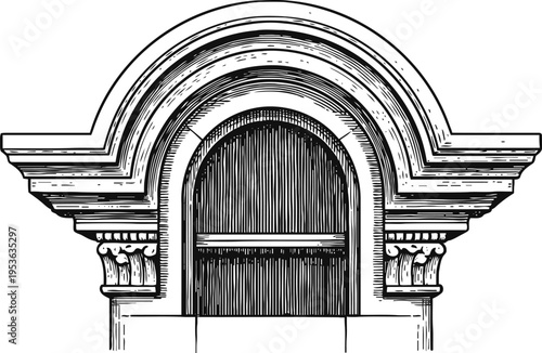 Architectural arched window with ornate classical molding and decorative corbels in vintage engraving
