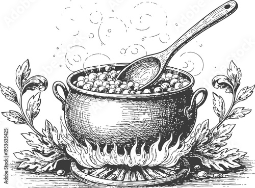 Vintage cooking pot with wooden spoon boiling stew over open flame with aromatic herbs